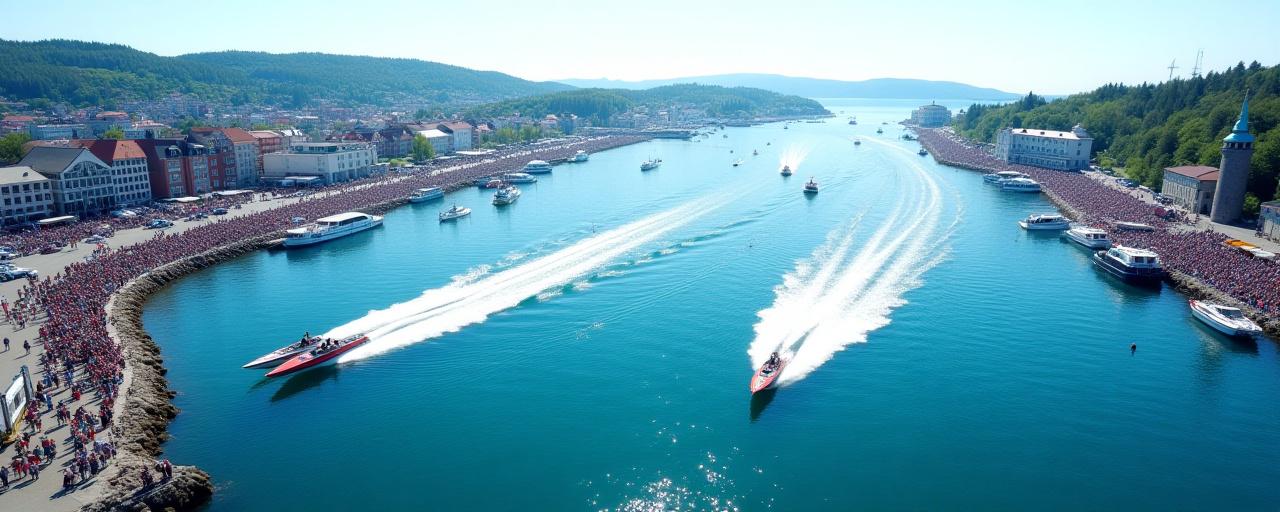 Fugleperspektiv av Arendal havn under Powerboat Grand Prix.